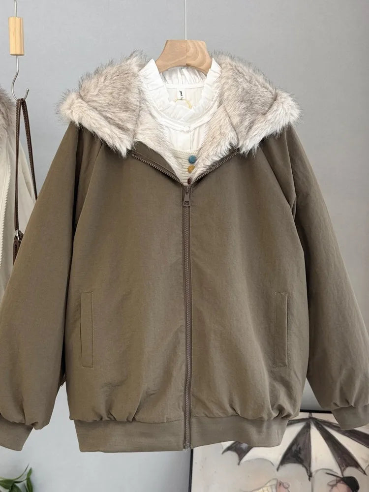 Damen Bomberjacke mit Kapuze und Kunstfellbesatz