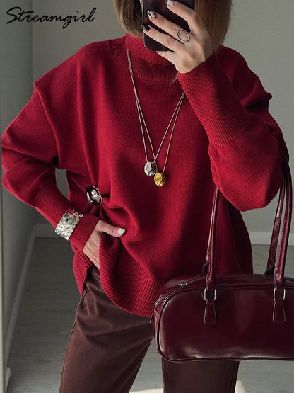 Damen Rollkragenpullover Oversize Strickpullover Lange Ärmel