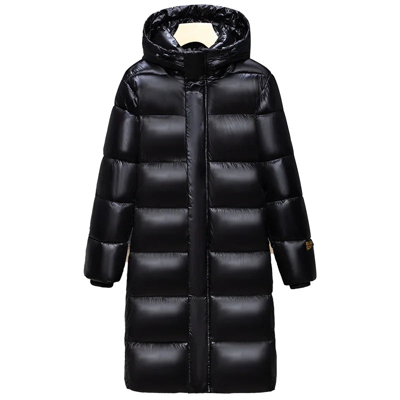 Langer glänzender Steppmantel Damen Schwarz mit Kapuze Winterjacke