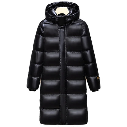 Langer glänzender Steppmantel Damen Schwarz mit Kapuze Winterjacke