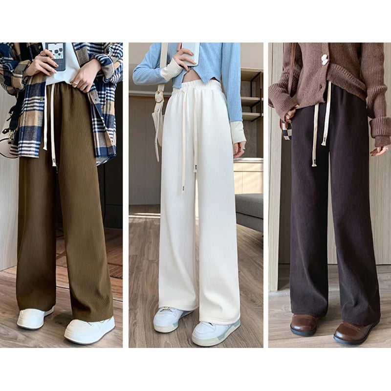Damen Weite Hose mit Kordelzug Gerippt Hohe Taille Freizeithose