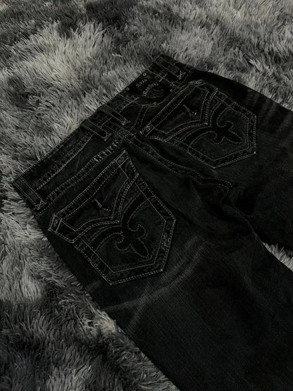 Damen Jeans Schwarz Bootcut Used-Look mit Ketten-Detail