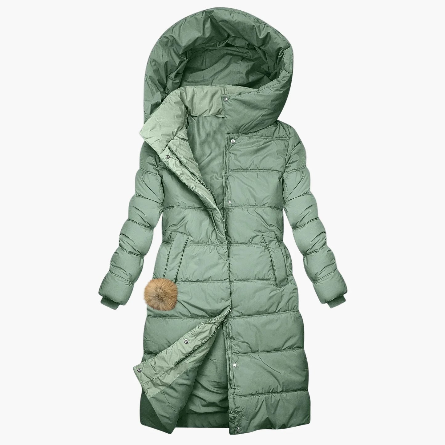 Damen Langer Winter Steppmantel mit Kapuze – Eleganter Kuschel-Parka für Alltag & Freizeit