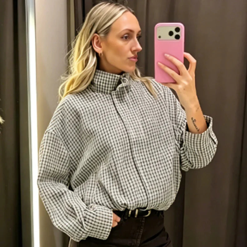 Damen Karo Hemd Stehkragen Oversize Bluse Lange Ärmel