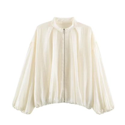 Damen Leichte Jacke mit Reißverschluss und Stehkragen, Puffärmeln