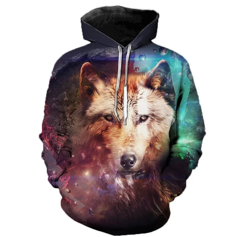 Hoodie mit Wolf-Motiv, bunte Grafik, Kapuzenpullover