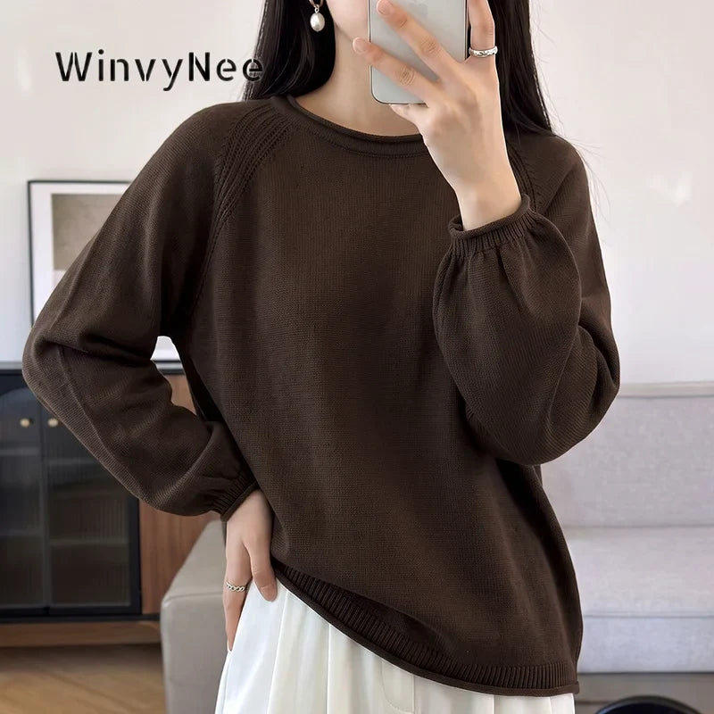 Damen Pullover Rundhals Langarm Strickpullover lockerer Schnitt