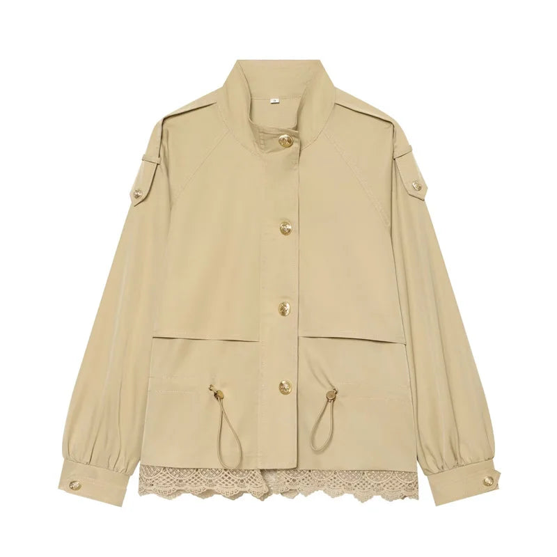 Damen Jacke mit Stehkragen, Schnürzug und Häkelspitze, Verschiedene Farben