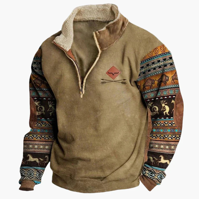 Herren Fleece Pullover mit Ethno Muster und Wildwest-Charme – Outdoor & Freizeit