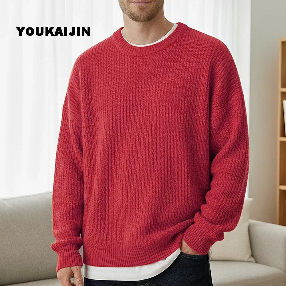 Herren Strickpullover Rundhals Weit Geschnitten Gerippte Bündchen