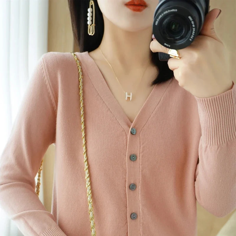 Damen Cardigan V-Ausschnitt Langarm Strickjacke mit Knöpfen