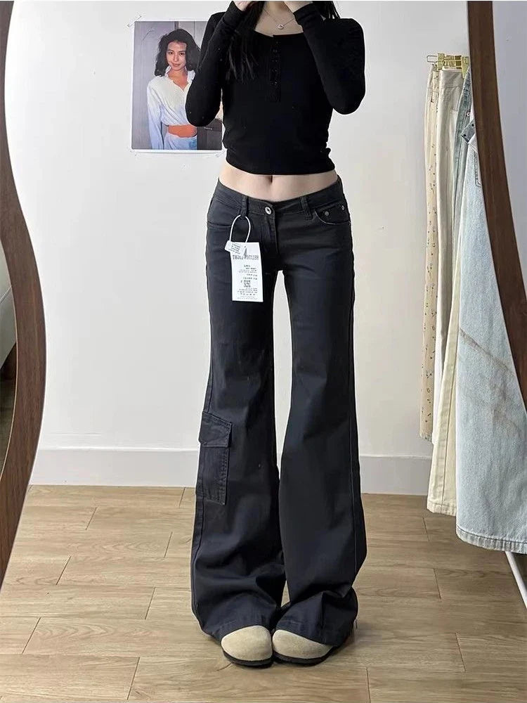 Damen Cargo Hose Weites Bein Dunkelgrau Low Waist Flare Jeans
