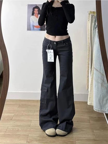 Damen Cargo Hose Weites Bein Dunkelgrau Low Waist Flare Jeans