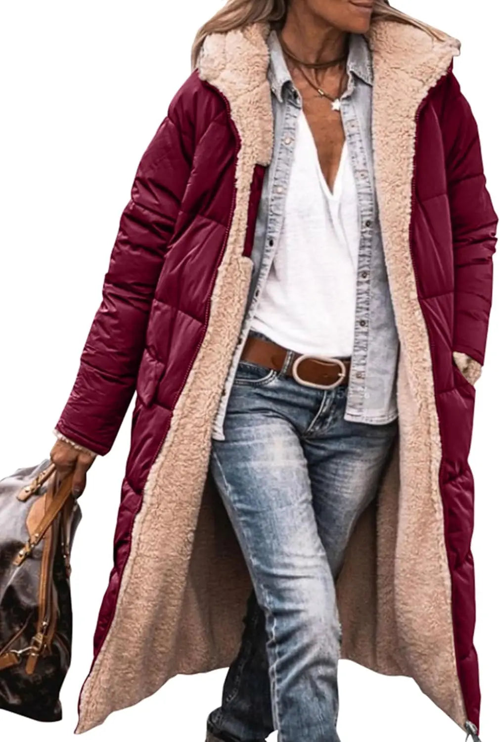 Damen Steppmantel Lang Winter Daunen-Optik mit Teddyfutter Kapuze