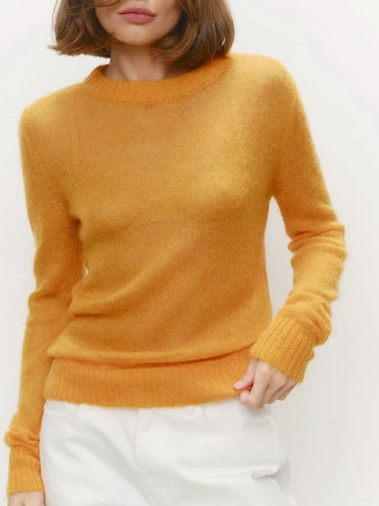 Damen Pullover leicht transparent Rundhals Strick Langarm
