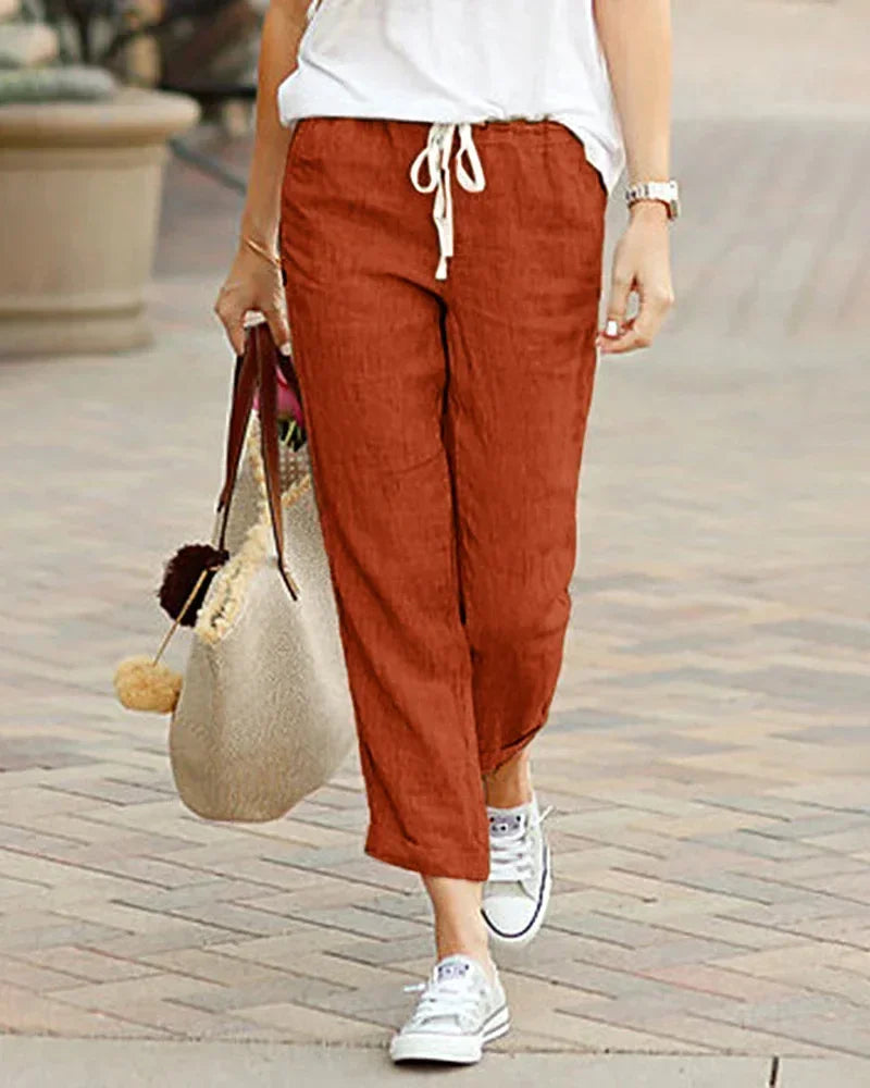 Damen Leinenhose mit Gummibund und Kordelzug, Cropped-Länge
