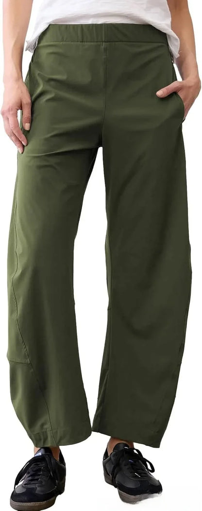 Damen Freizeithose Weites Bein Elastischer Bund Bequeme Stoffhose