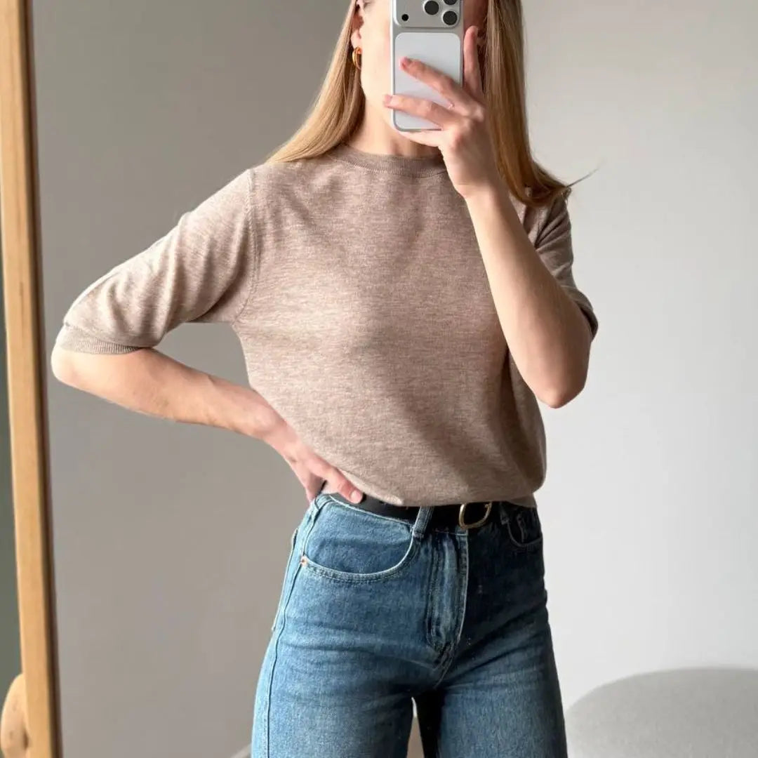 Damen Kurzarm Strickpullover Rundhals Weicher Feinstrick