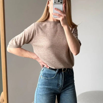Damen Kurzarm Strickpullover Rundhals Weicher Feinstrick