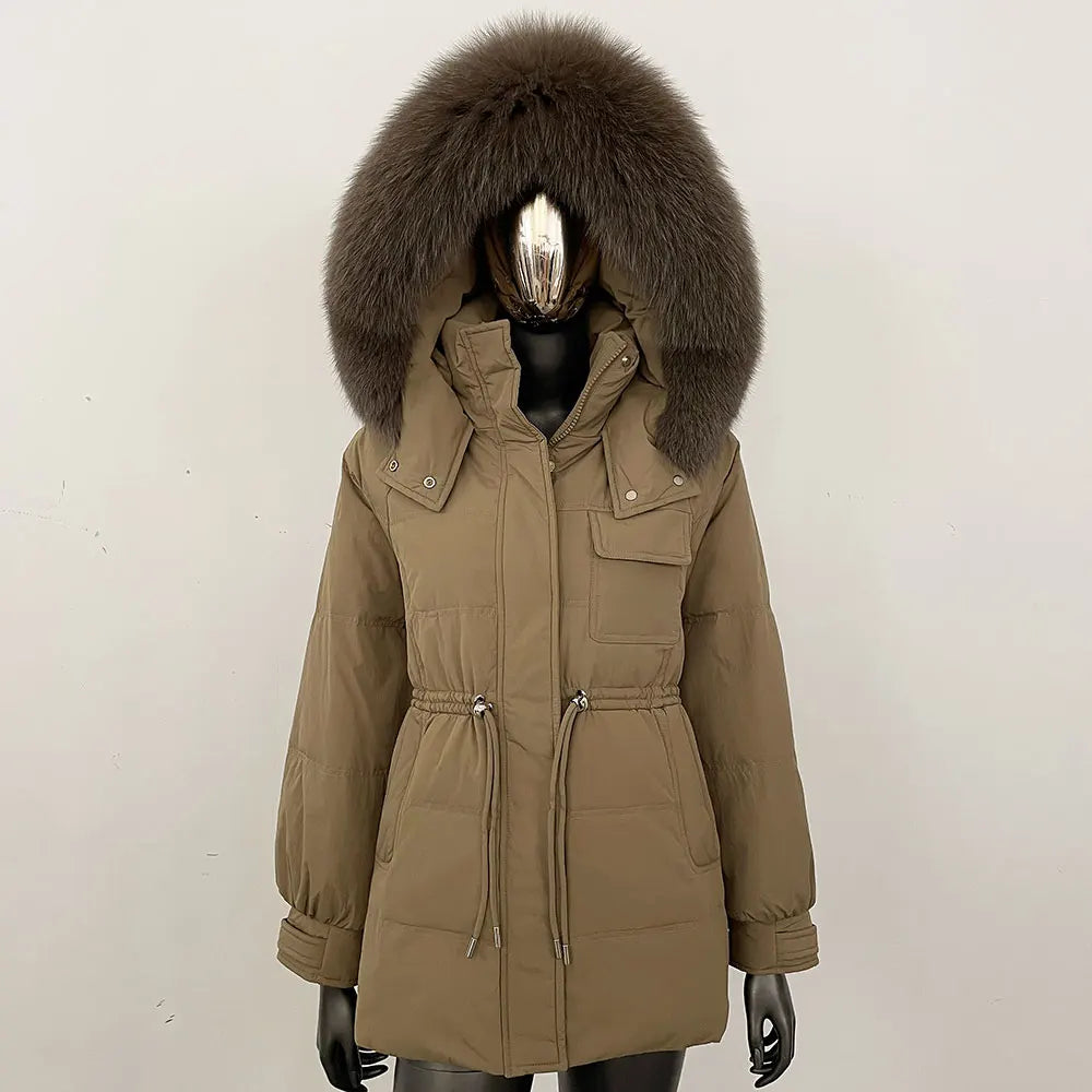 Damen Winter Parka mit Kapuze und Fellkragen Tunnelzug Weiß