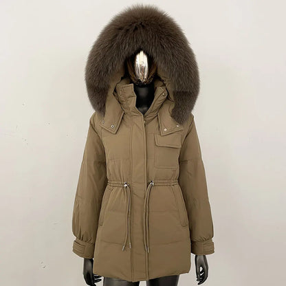 Damen Winter Parka mit Kapuze und Fellkragen Tunnelzug Weiß