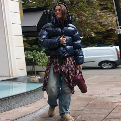 Kurze Pufferjacke Glänzend mit Kapuze Damen Winterjacke