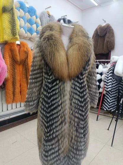 Damen Langer Mantel aus Kunstfell mit Chevron-Muster und Kragen