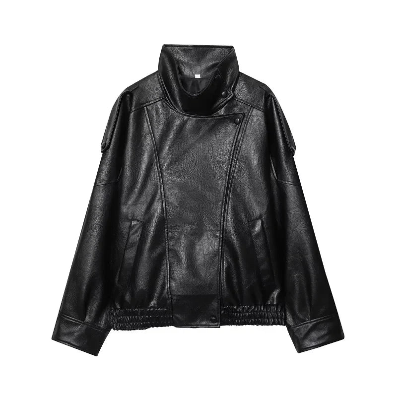 Damen Bikerjacke im Oversize-Stil mit Stehkragen und asymmetrischem Reißverschluss