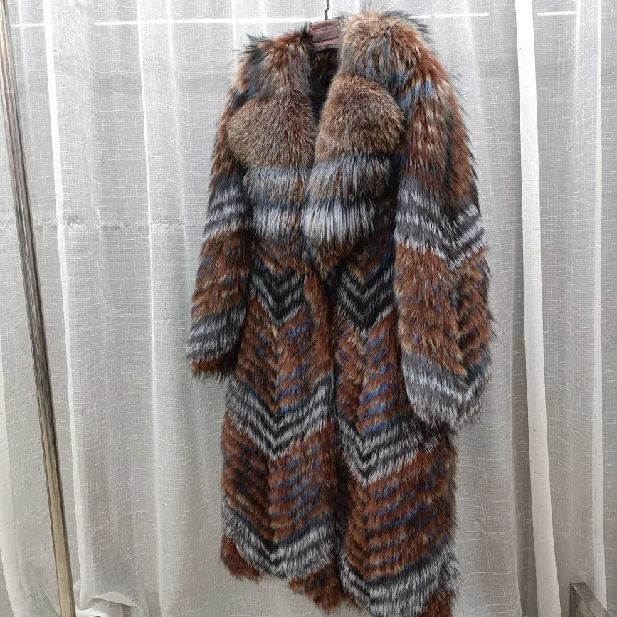 Damen Langer Mantel aus Kunstfell mit Chevron-Muster und Kragen