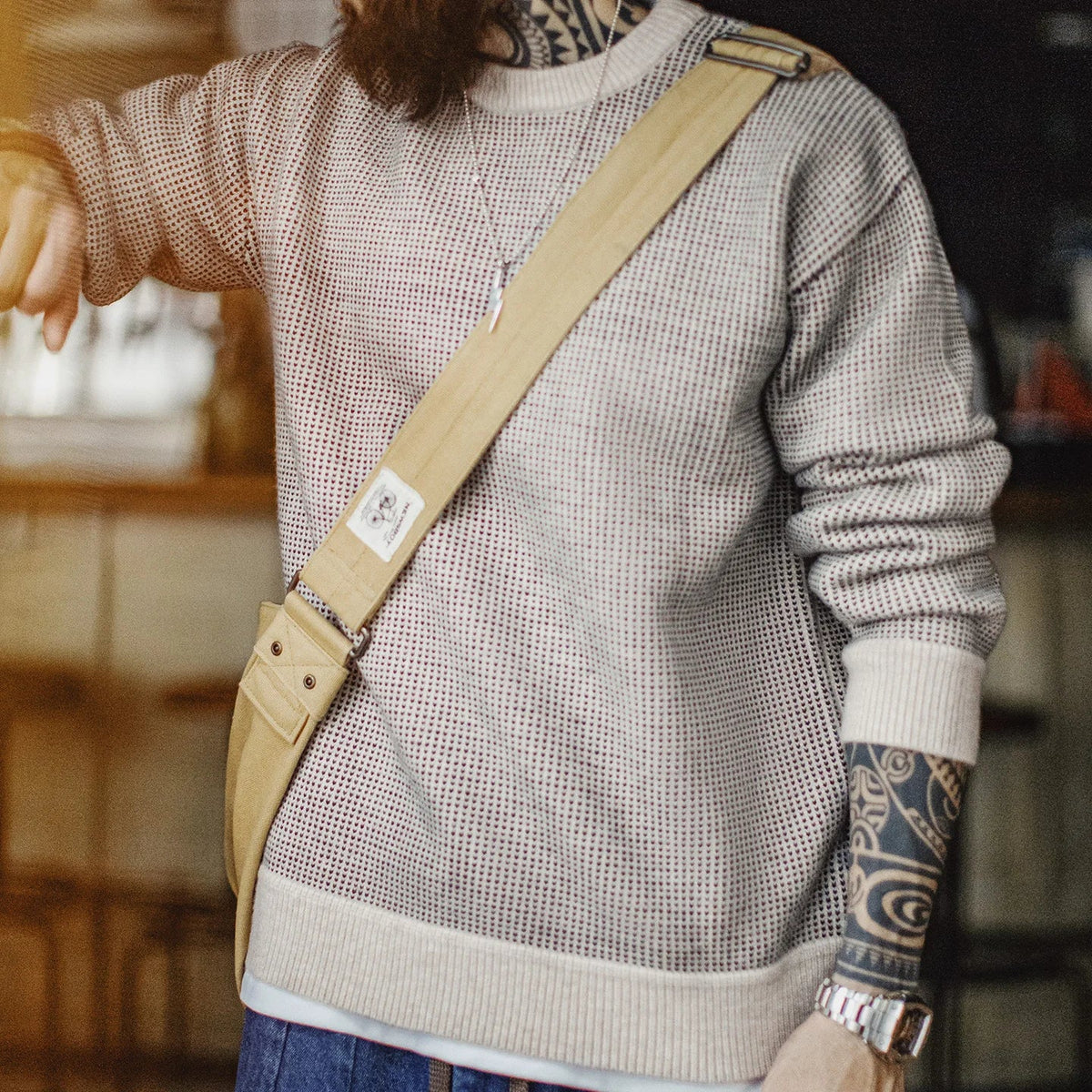 Herren Rundhals Pullover Offen Gestrickt Beige