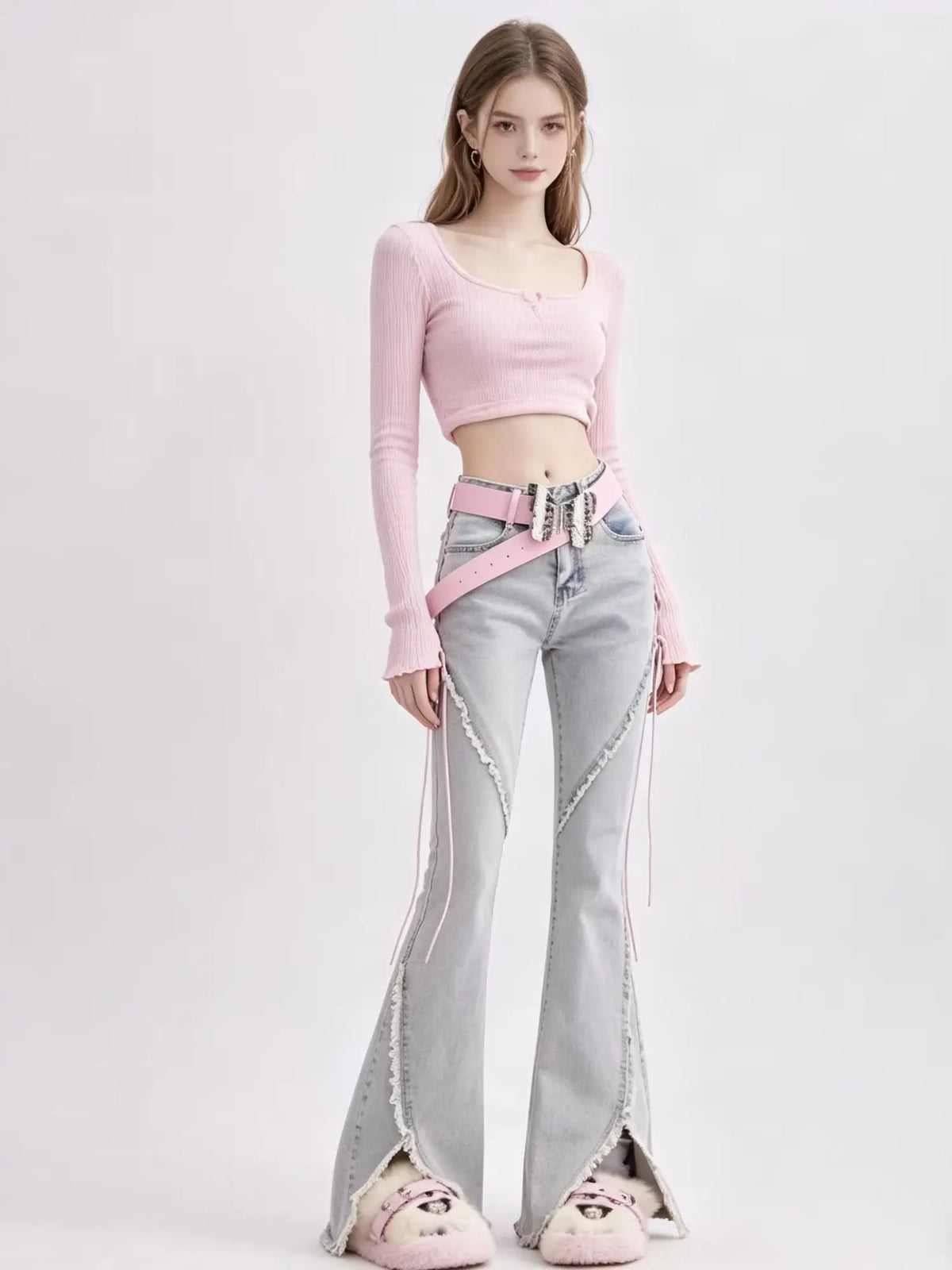 Damen Schlaghose Jeans hellblau mit Schnürdetails und weitem Bein