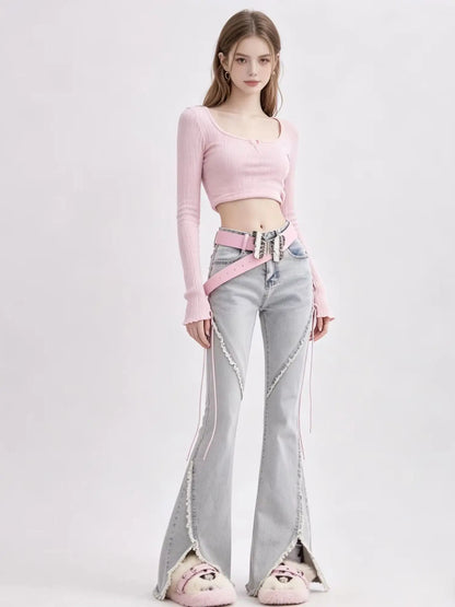 Damen Schlaghose Jeans hellblau mit Schnürdetails und weitem Bein