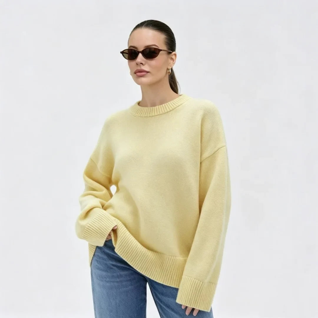 Damen Oversize Rundhals Pullover Langarm Basic Strickpullover