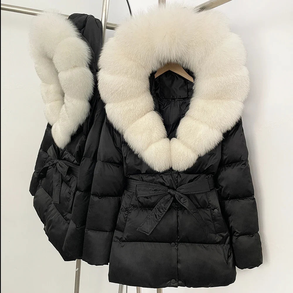 Damen Winter Steppjacke mit Kunstpelzkragen und Gürtel