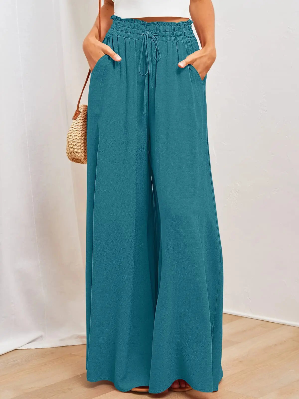 Damen Weite Hose mit Hohem Bund und Kordelzug, Lockere Palazzo-Hose