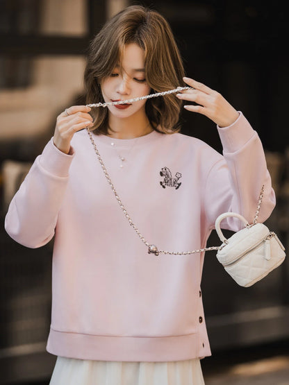 Damen Sweatshirt Langarm mit Zebra Stickerei und Knopfdetails an der Seite