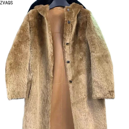 Langer Kunstfellmantel mit Kapuze, Teddy-Stil, Khaki