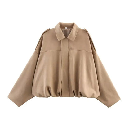 Damen Kurzjacke Oversize Cropped mit Kragen Braun