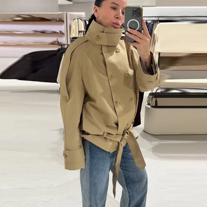 Kurze Trenchjacke Damen Beige Doppelreihig mit Bindegürtel Stehkragen