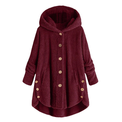Damen Kuschelige Kapuzenjacke aus Fleece mit Holzknöpfen