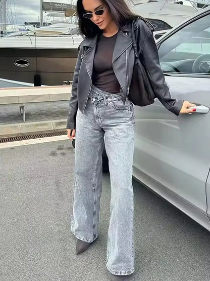 Damen Jeans Asymmetrischer Verschluss Hohe Taille Weites Bein