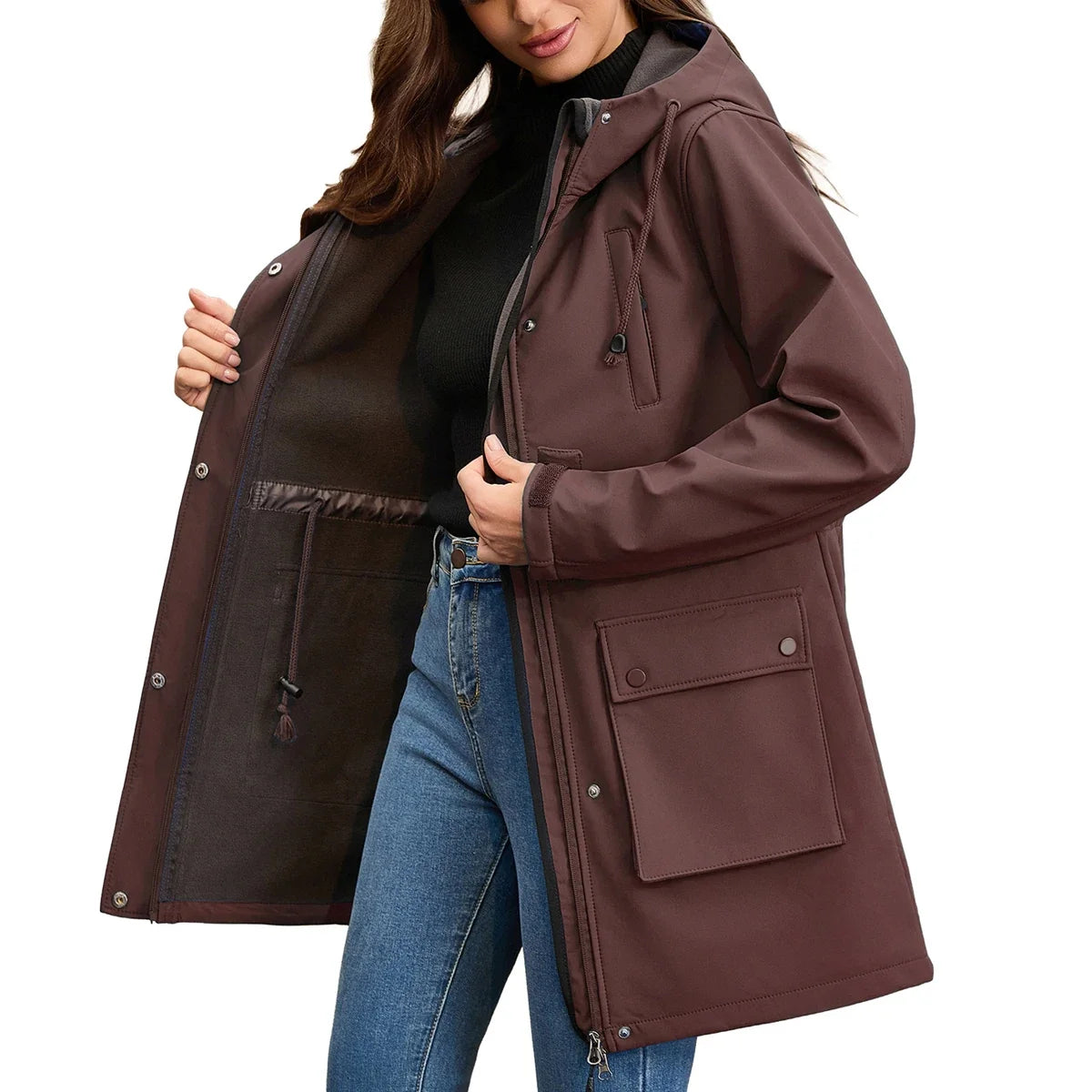 Damen Übergangsjacke mit Kapuze, Reißverschluss und Pattentaschen