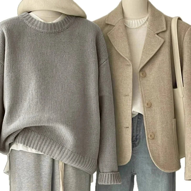 Damen Retro Strickpullover und Blazer Set – Lässiger Vintage Streetstyle für Herbst und Winter