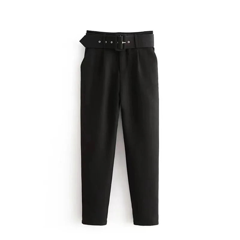Damen Stoffhose mit hohem Bund, geradem Bein & Gürtel