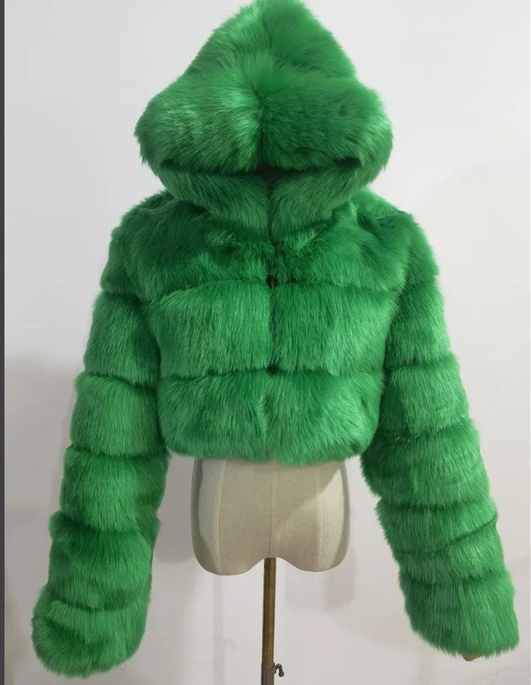 Kurze Damen Pelzimitat Jacke mit Kapuze und langen Ärmeln