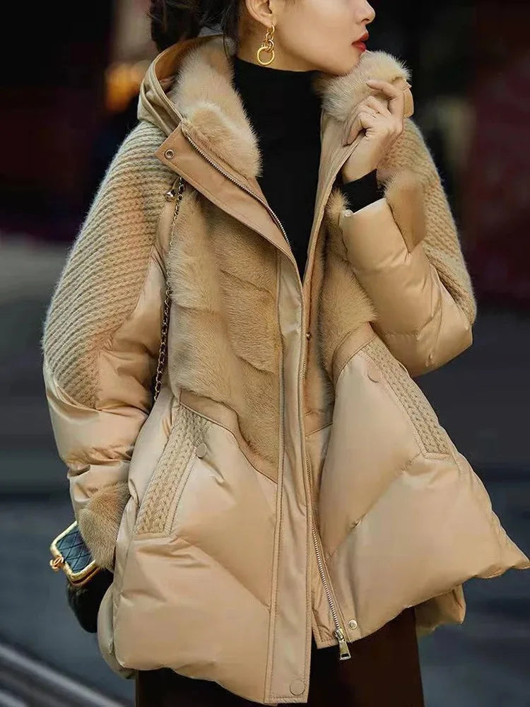 Damen Winter Steppjacke mit Kapuze Teddyfutter Strickdetails Beige