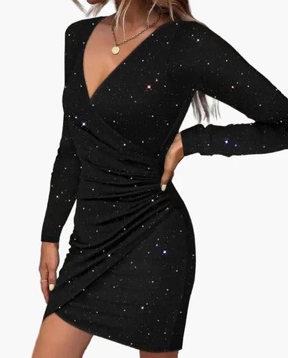 Damen Elegantes Cocktailkleid mit Wickeloptik und Langarm – Perfekt für Abendveranstaltungen und Partys