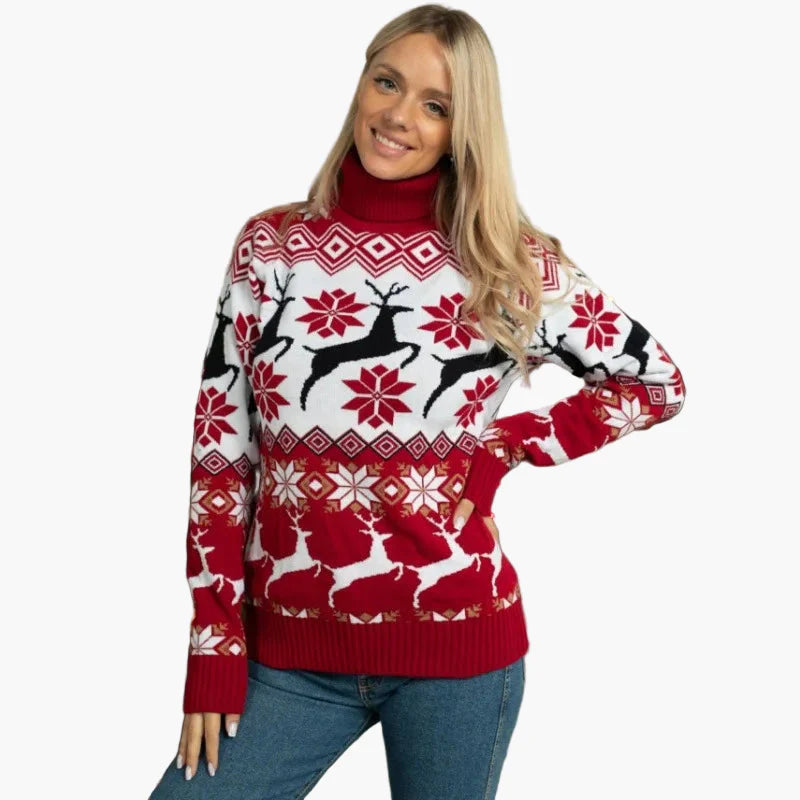 Damen Weihnachts-Pullover mit Rentier- und Schneeflocken-Muster – Festlicher Strickpullover für Winter & Feiertage