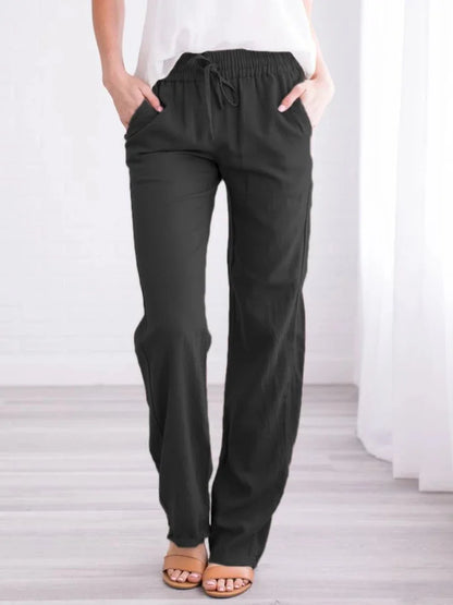 Damen Freizeithose mit weitem Bein und Kordelzug, Leinen-Look, Elastischer Bund