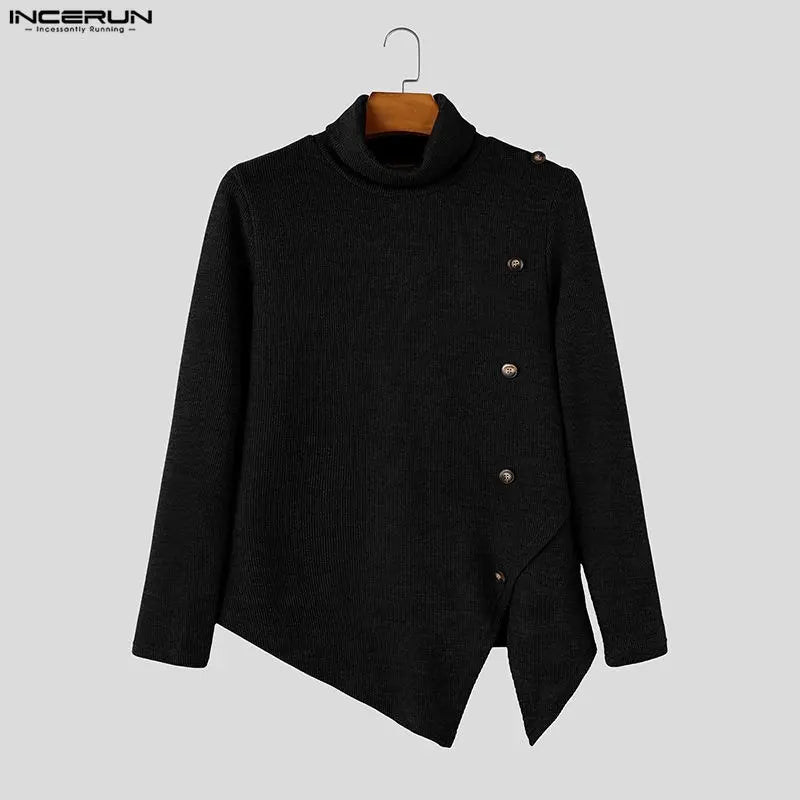 Herren Rollkragenpullover Asymmetrischer Saum Knöpfe Langarm Strickpullover